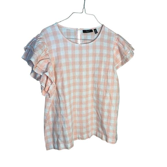 Ella Rafaella Linen Blend Plaided Flutter Short Sleeve Top Peach Melba Large NEW - Picture 4 of 8